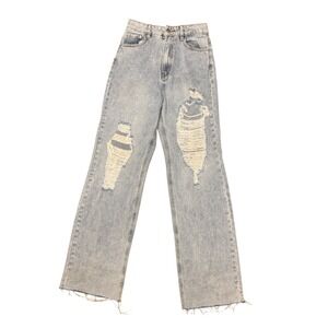 Boohoo High Waisted‎ Extreme Ripped Wide Leg Jeans Light Wash Distressed Denim